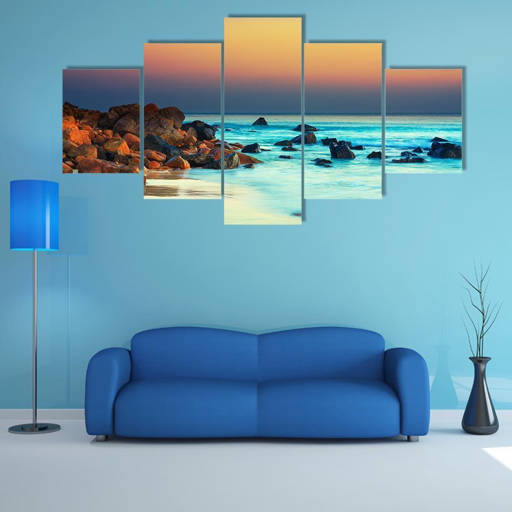 Sunset Over The Sea Stone Canvas Wall Art-5 Star-Gallery Wrap-62" x 32"-Tiaracle