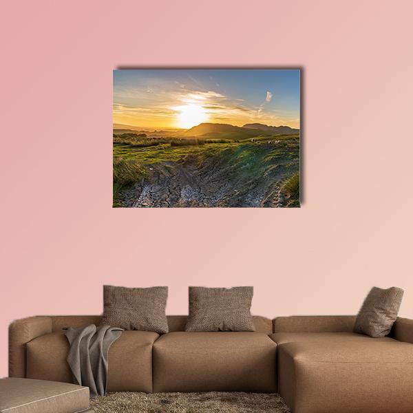 Sunset Over the Yorkshire Dales Canvas Wall Art in orange, yellow and green, single panel hung on a wall