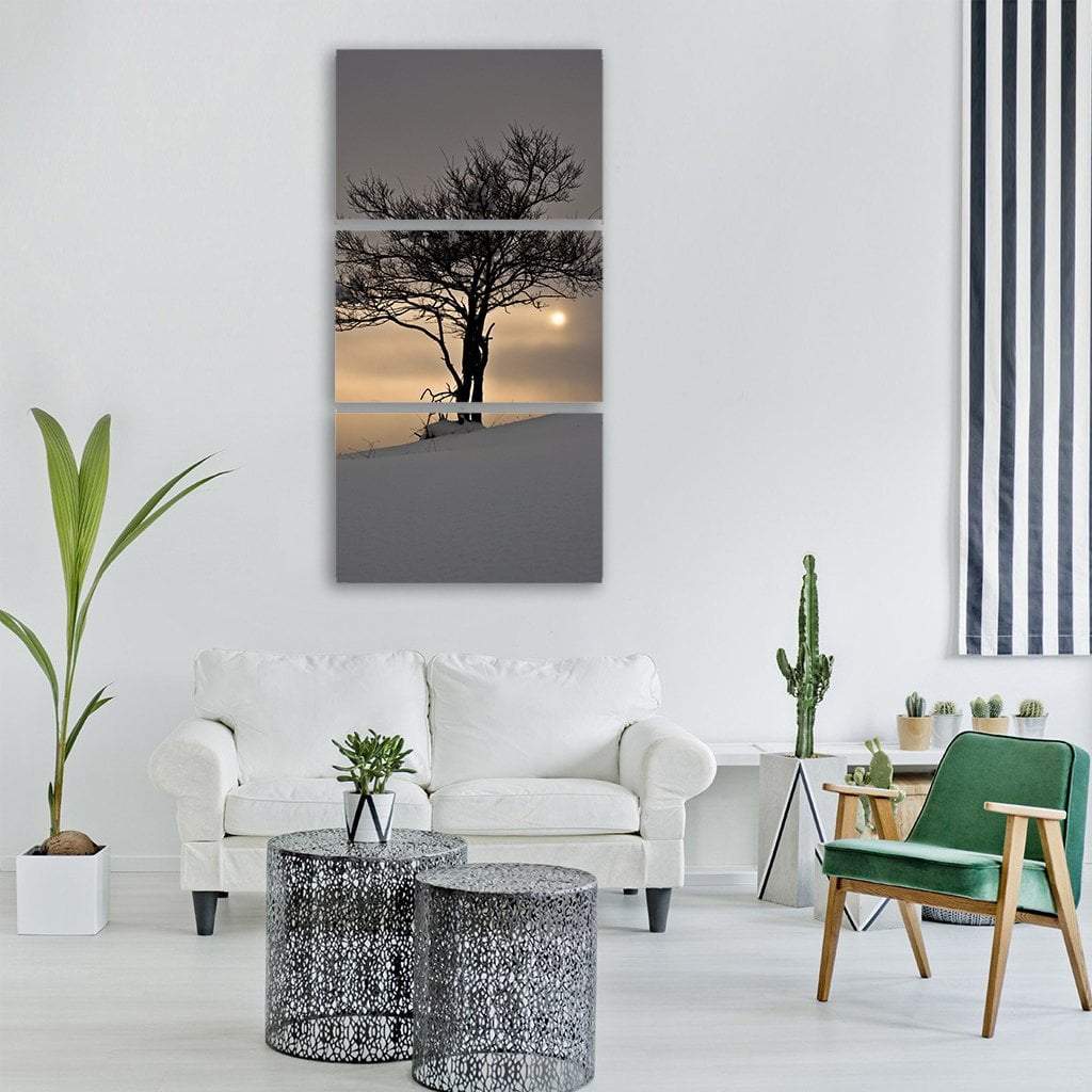 Sunset Over Tree In Snow Landscape Vertical Canvas Wall Art-3 Vertical-Gallery Wrap-12" x 25"-Tiaracle