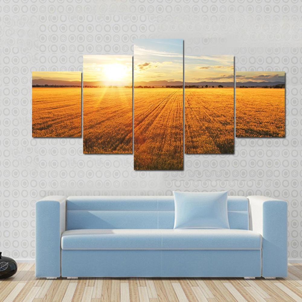 Sunset Over Wheat Field Canvas Wall Art-3 Horizontal-Gallery Wrap-37" x 24"-Tiaracle