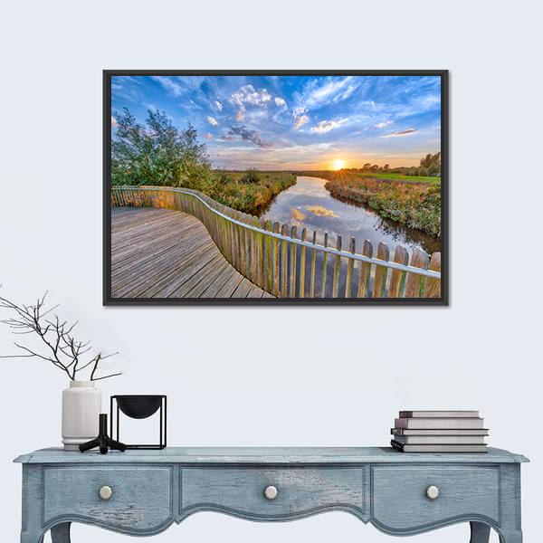 Sunset over Wooden Balustrade Balcony On Bridge Canvas Wall Art-1 Piece-Floating Frame-24" x 16"-Tiaracle
