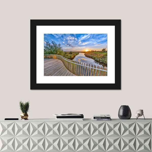 Sunset over Wooden Balustrade Balcony On Bridge Canvas Wall Art-1 Piece-Framed Print-20" x 16"-Tiaracle