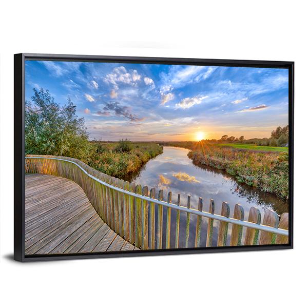 Sunset over Wooden Balustrade Balcony On Bridge Canvas Wall Art-3 Horizontal-Gallery Wrap-25" x 16"-Tiaracle