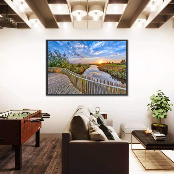 Sunset over Wooden Balustrade Balcony On Bridge Canvas Wall Art-3 Horizontal-Gallery Wrap-25" x 16"-Tiaracle