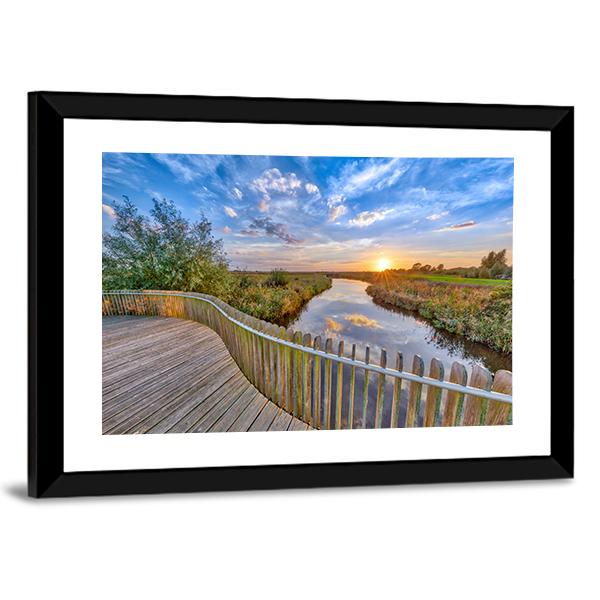 Sunset over Wooden Balustrade Balcony On Bridge Canvas Wall Art-3 Horizontal-Gallery Wrap-25" x 16"-Tiaracle