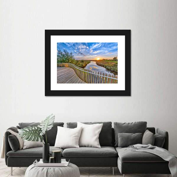 Sunset over Wooden Balustrade Balcony On Bridge Canvas Wall Art-3 Horizontal-Gallery Wrap-25" x 16"-Tiaracle