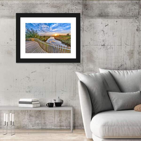Sunset over Wooden Balustrade Balcony On Bridge Canvas Wall Art-3 Horizontal-Gallery Wrap-25" x 16"-Tiaracle