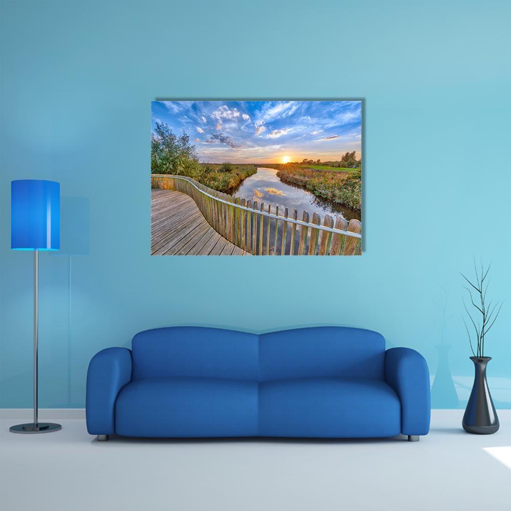 Sunset over Wooden Balustrade Balcony On Bridge Canvas Wall Art-1 Piece-Gallery Wrap-48" x 32"-Tiaracle