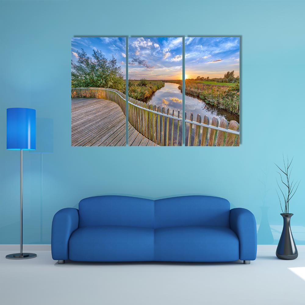 Sunset over Wooden Balustrade Balcony On Bridge Canvas Wall Art-3 Horizontal-Gallery Wrap-37" x 24"-Tiaracle