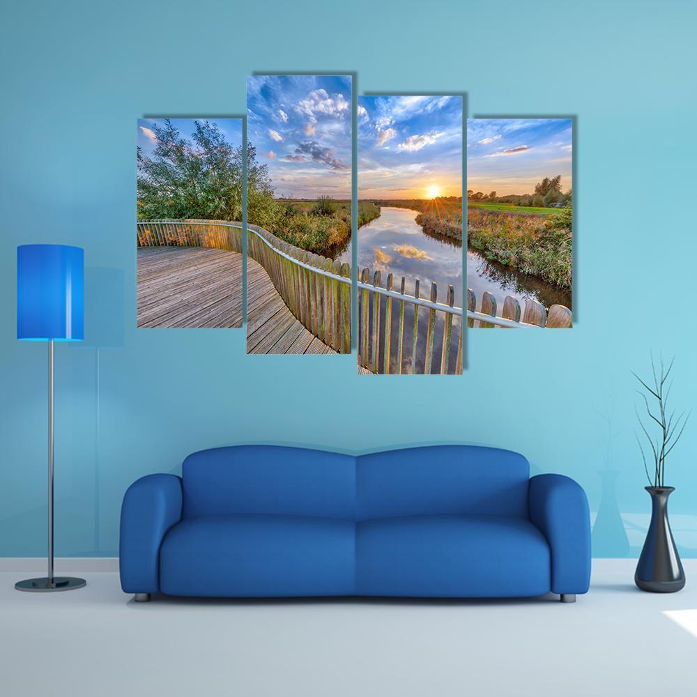 Sunset over Wooden Balustrade Balcony On Bridge Canvas Wall Art-4 Pop-Gallery Wrap-50" x 32"-Tiaracle