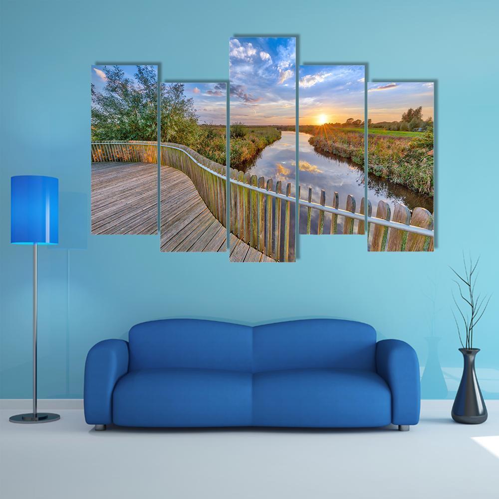 Sunset over Wooden Balustrade Balcony On Bridge Canvas Wall Art-5 Pop-Gallery Wrap-47" x 32"-Tiaracle