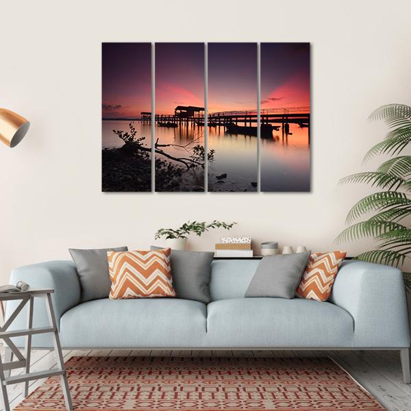Sunset Over Wooden Jetty Canvas Wall Art-4 Horizontal-Gallery Wrap-34" x 24"-Tiaracle