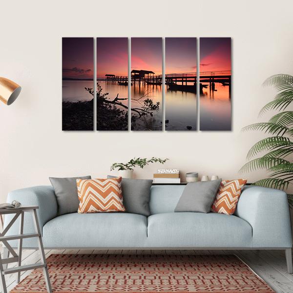 Sunset Over Wooden Jetty Canvas Wall Art-5 Horizontal-Gallery Wrap-22" x 12"-Tiaracle