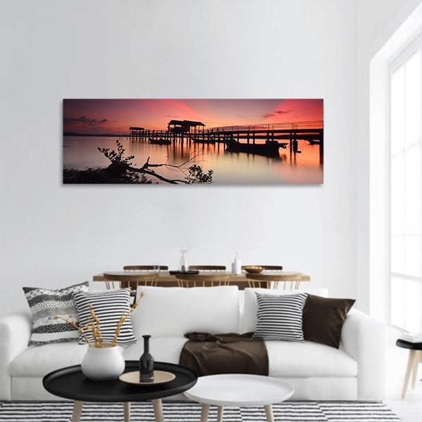 Sunset Over Wooden Jetty Panoramic Canvas Wall Art-3 Piece-25" x 08"-Tiaracle