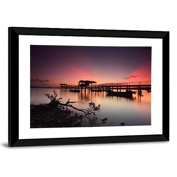 Sunset Over Wooden Jetty Panoramic Canvas Wall Art-1 Piece-36" x 12"-Tiaracle