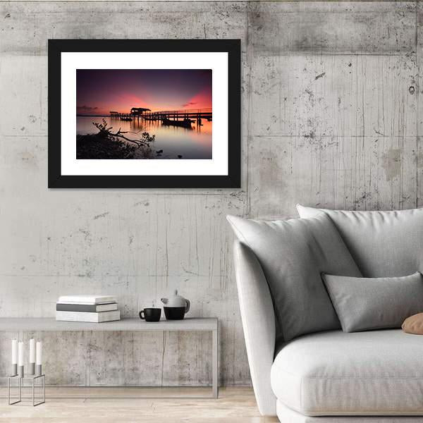 Sunset Over Wooden Jetty Panoramic Canvas Wall Art-1 Piece-36" x 12"-Tiaracle