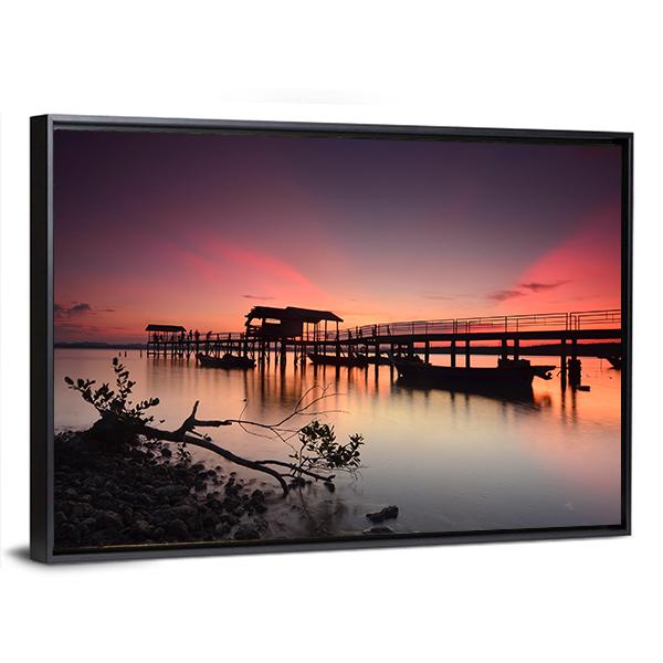 Sunset Over Wooden Jetty Panoramic Canvas Wall Art-1 Piece-36" x 12"-Tiaracle