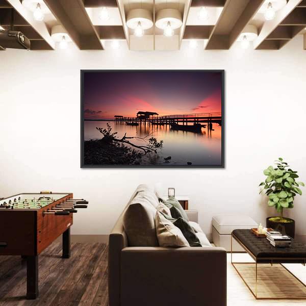 Sunset Over Wooden Jetty Panoramic Canvas Wall Art-1 Piece-36" x 12"-Tiaracle