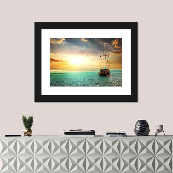 Sunset Over Yacht In The Sea Canvas Wall Art-1 Piece-Framed Print-20" x 16"-Tiaracle