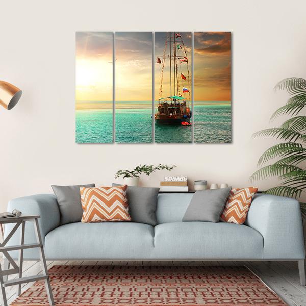 Sunset Over Yacht In The Sea Canvas Wall Art-4 Horizontal-Gallery Wrap-34" x 24"-Tiaracle