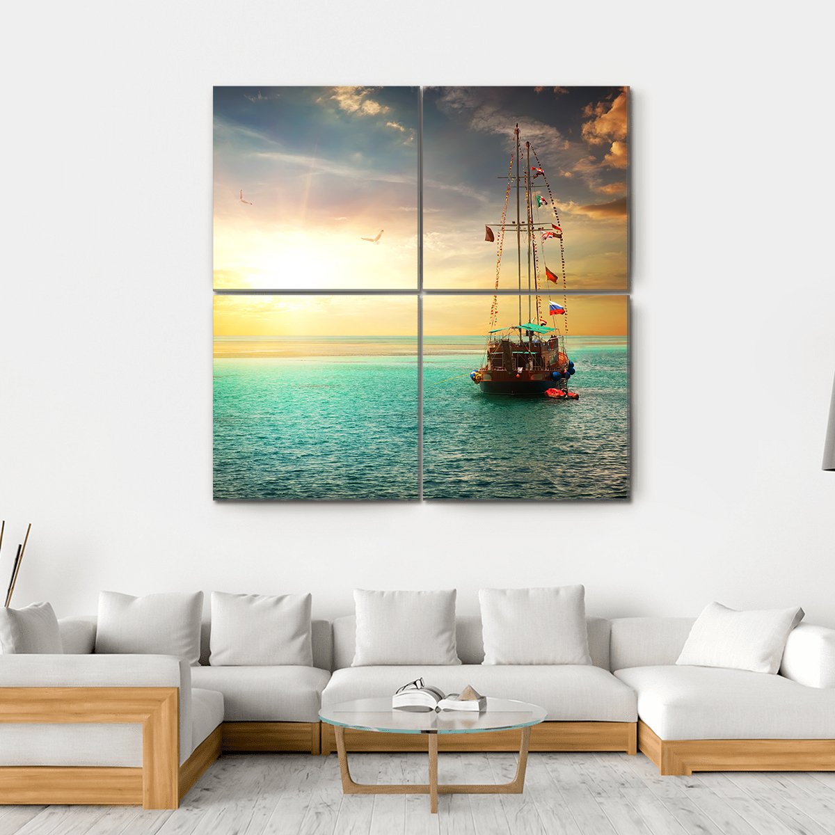 Sunset Over Yacht In The Sea Canvas Wall Art-4 Square-Gallery Wrap-17" x 17"-Tiaracle
