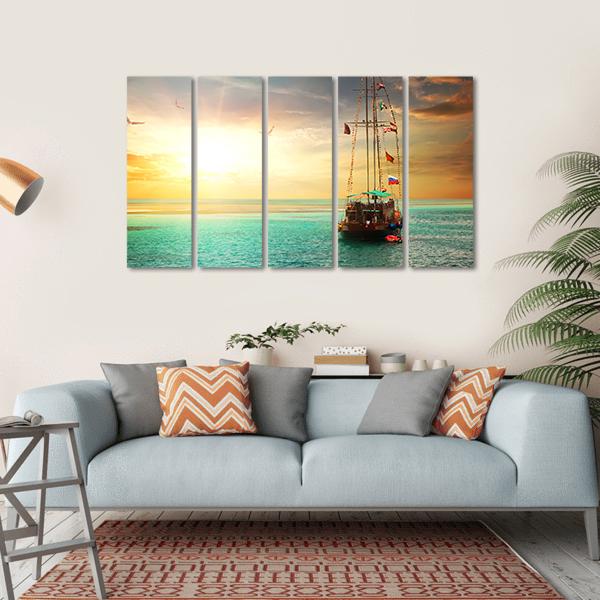 Sunset Over Yacht In The Sea Canvas Wall Art-5 Horizontal-Gallery Wrap-22" x 12"-Tiaracle