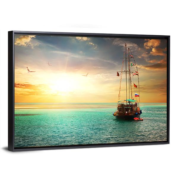 Sunset Over Yacht In The Sea Canvas Wall Art-3 Horizontal-Gallery Wrap-25" x 16"-Tiaracle