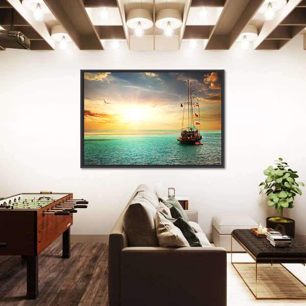 Sunset Over Yacht In The Sea Canvas Wall Art-3 Horizontal-Gallery Wrap-25" x 16"-Tiaracle