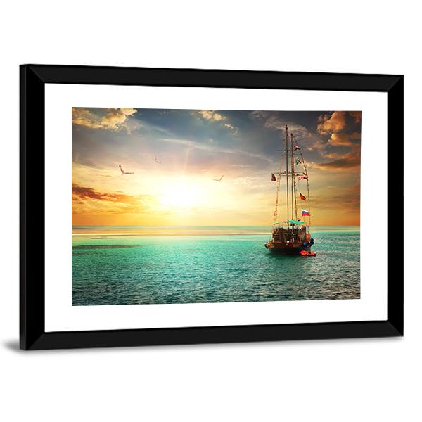 Sunset Over Yacht In The Sea Canvas Wall Art-3 Horizontal-Gallery Wrap-25" x 16"-Tiaracle