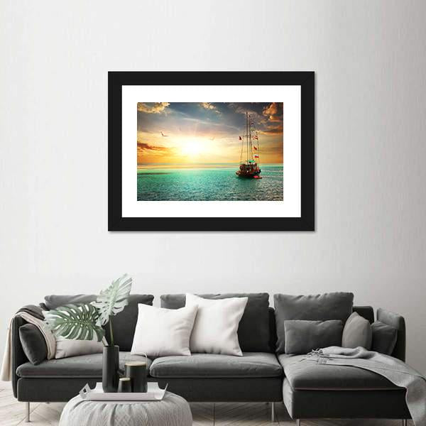 Sunset Over Yacht In The Sea Canvas Wall Art-3 Horizontal-Gallery Wrap-25" x 16"-Tiaracle