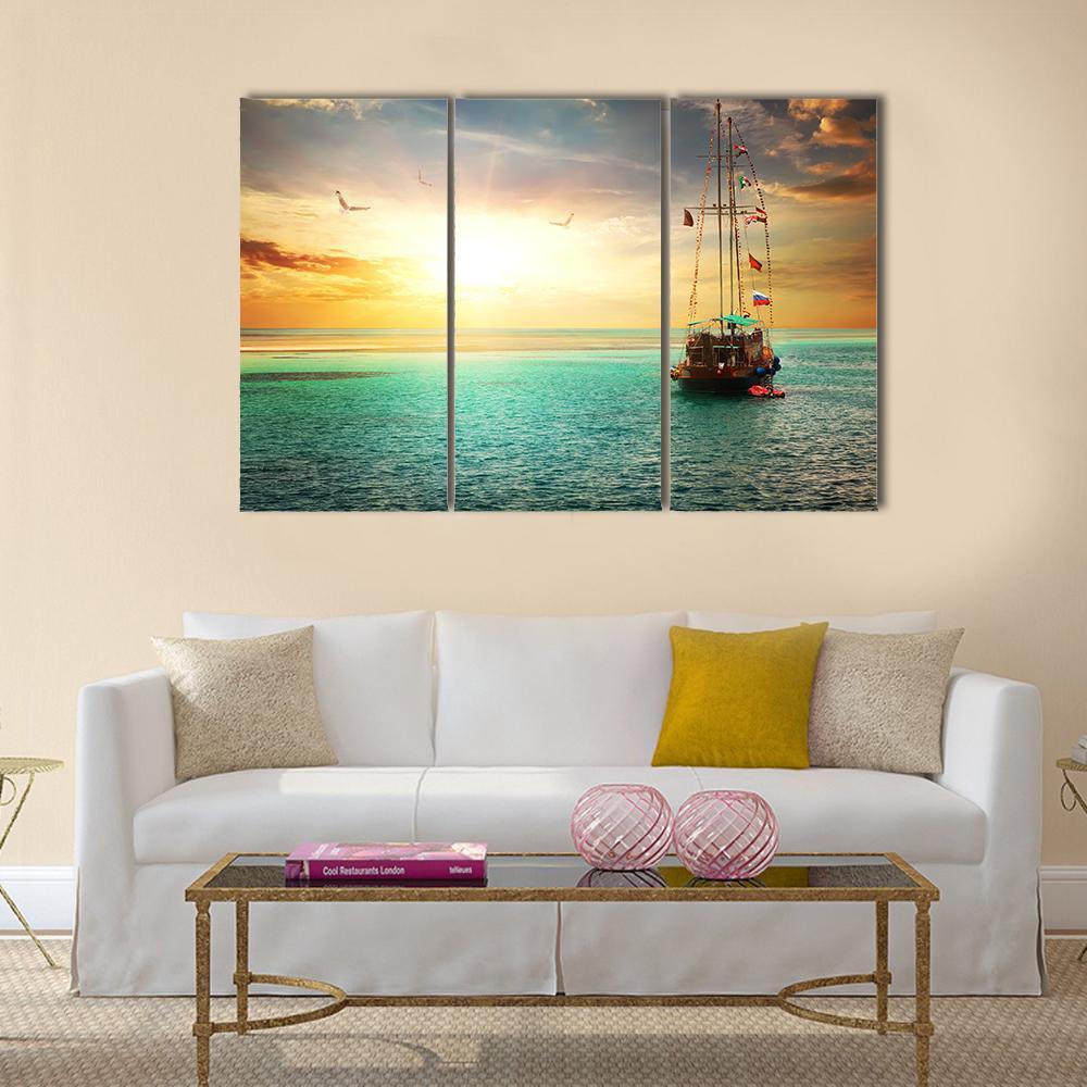 Sunset Over Yacht In The Sea Canvas Wall Art-3 Horizontal-Gallery Wrap-37" x 24"-Tiaracle