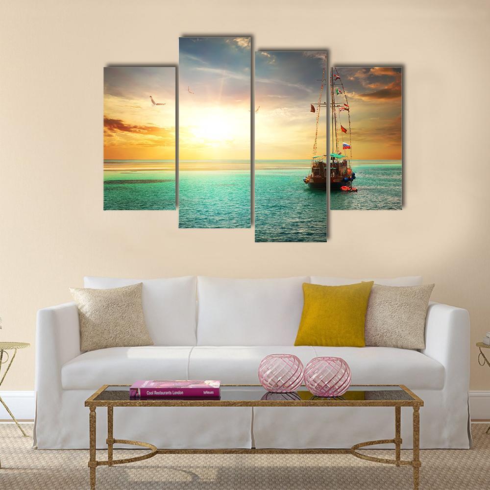 Sunset Over Yacht In The Sea Canvas Wall Art-4 Pop-Gallery Wrap-50" x 32"-Tiaracle
