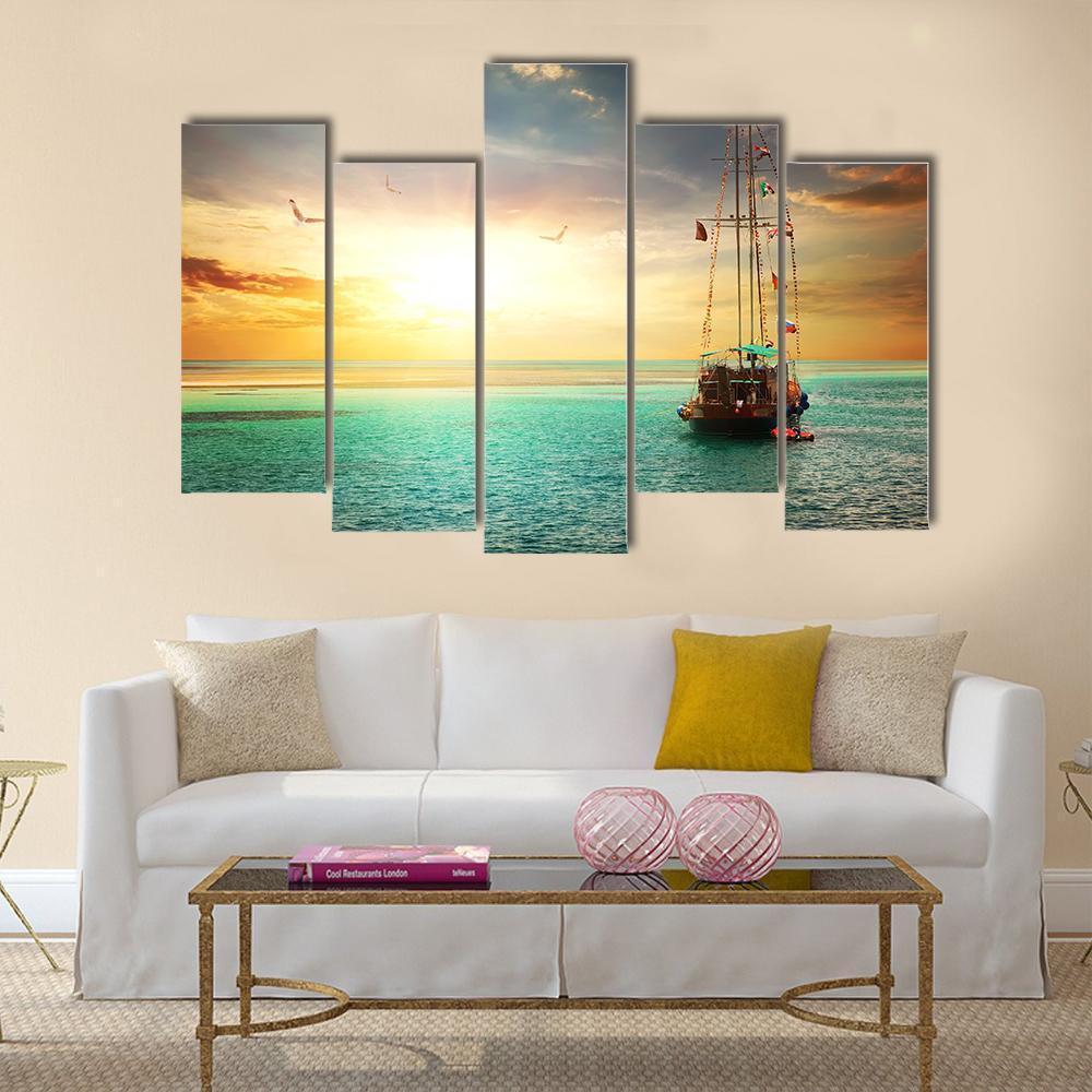 Sunset Over Yacht In The Sea Canvas Wall Art-5 Pop-Gallery Wrap-47" x 32"-Tiaracle