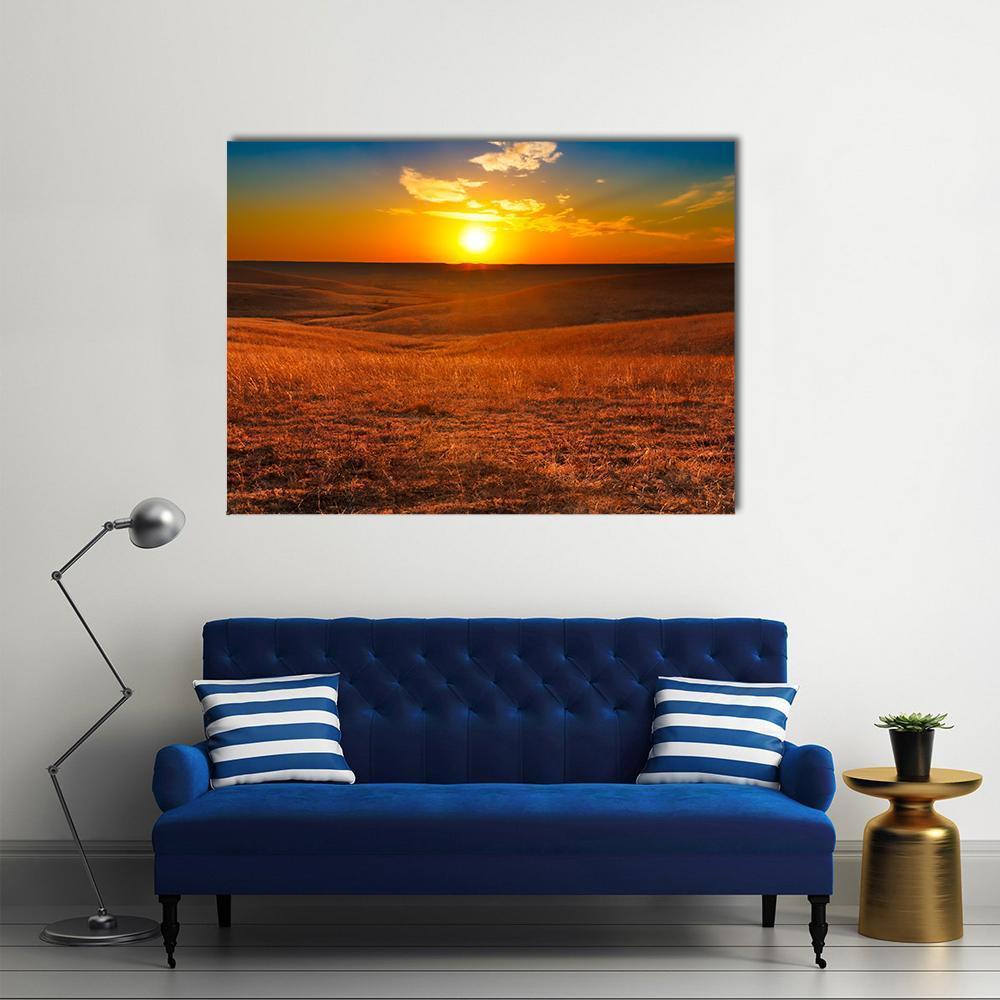 Sunset Over Flint Hills, Kansas Canvas Wall Art in brown, orange and yellow, single panel hung on a wall