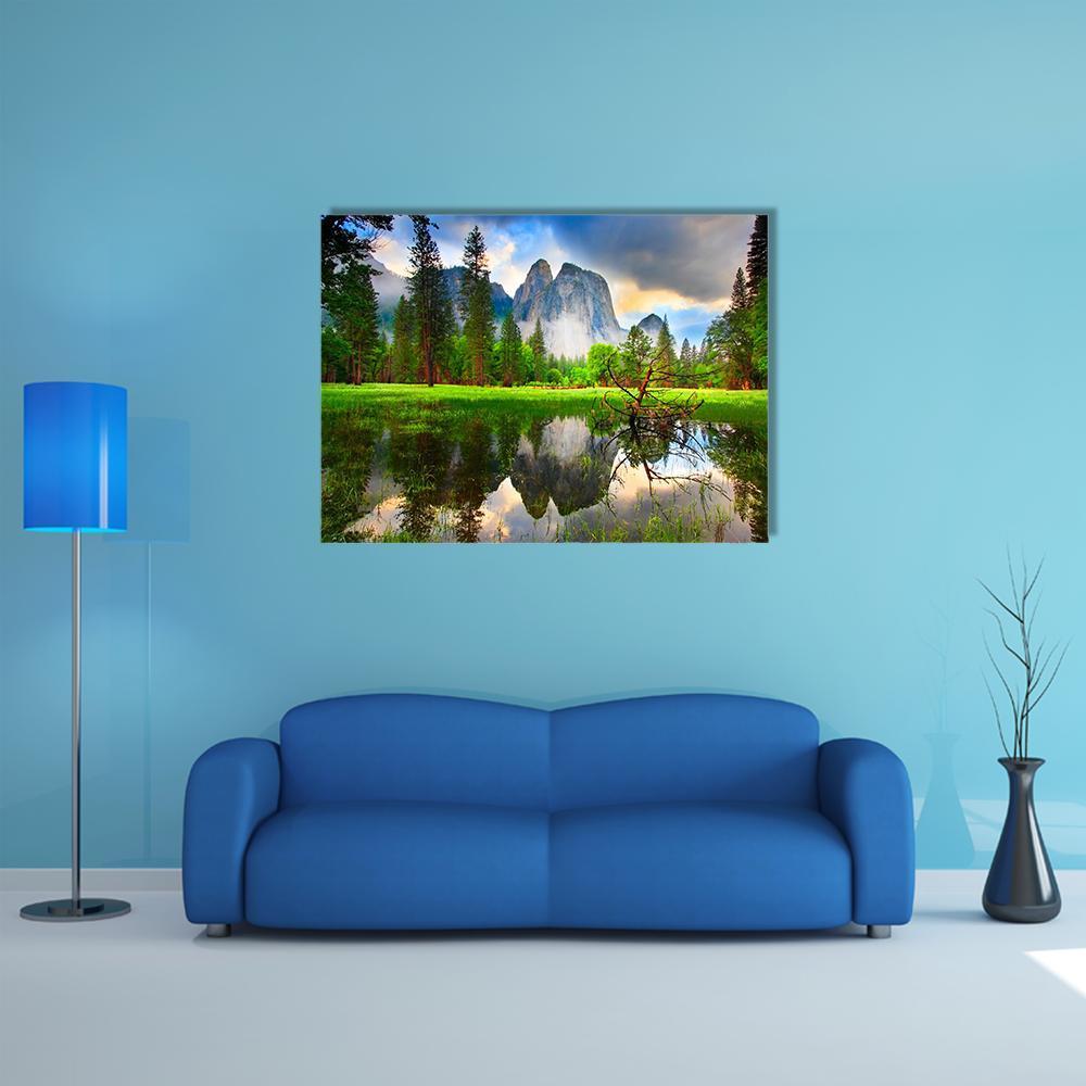 Sunset Reflections at Yosemite's Cathedral Rocks Canvas Wall Art in yellow, green and blue, single panel hung on a wall