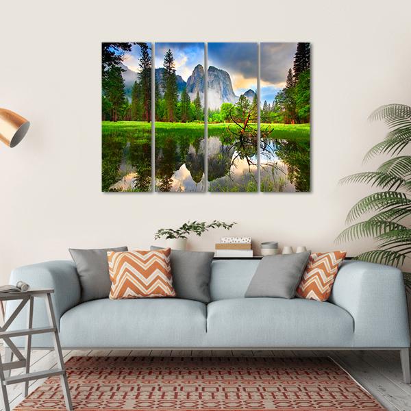 Sunset Reflections At Yosemite's Cathedral Rocks Canvas Wall Art-4 Horizontal-Gallery Wrap-34" x 24"-Tiaracle