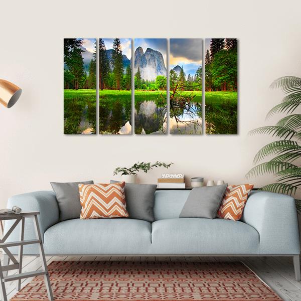 Sunset Reflections At Yosemite's Cathedral Rocks Canvas Wall Art-5 Horizontal-Gallery Wrap-22" x 12"-Tiaracle
