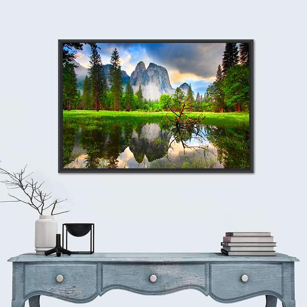 Sunset Reflections at Yosemite's Cathedral Rocks Canvas Wall Art in yellow, green and blue, framed canvas, product view on a white background