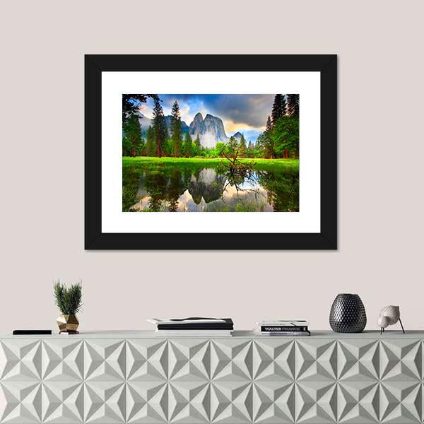 Sunset Reflections At Yosemite's Cathedral Rocks Canvas Wall Art-1 Piece-Framed Print-20" x 16"-Tiaracle