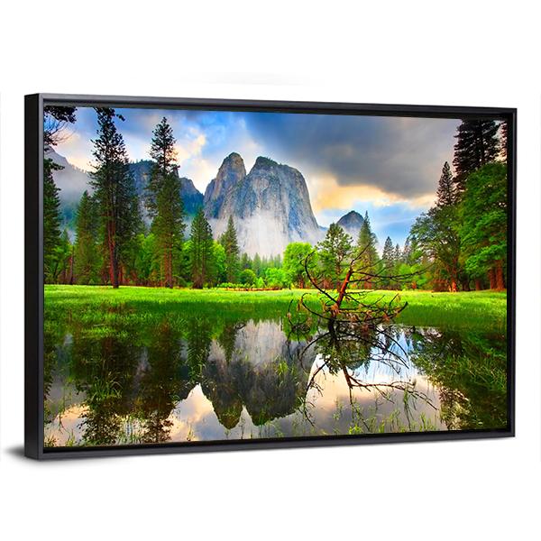 Sunset Reflections At Yosemite's Cathedral Rocks Canvas Wall Art-3 Horizontal-Gallery Wrap-25" x 16"-Tiaracle