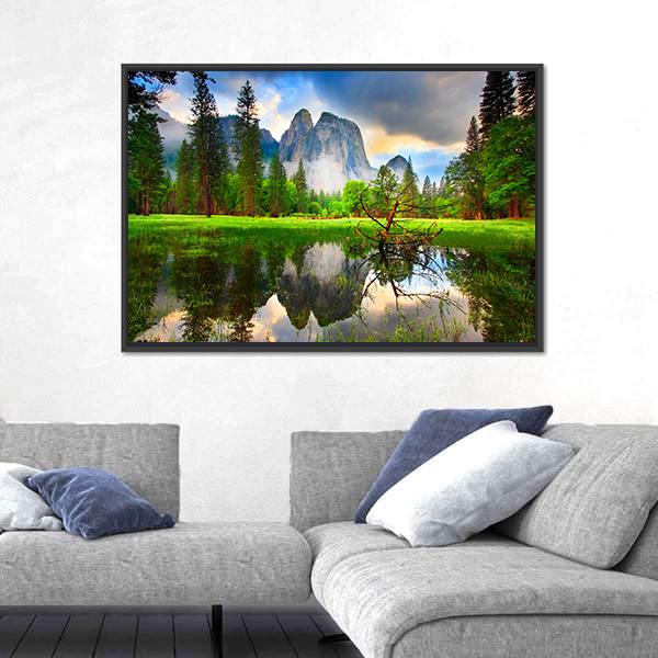 Sunset Reflections At Yosemite's Cathedral Rocks Canvas Wall Art-3 Horizontal-Gallery Wrap-25" x 16"-Tiaracle