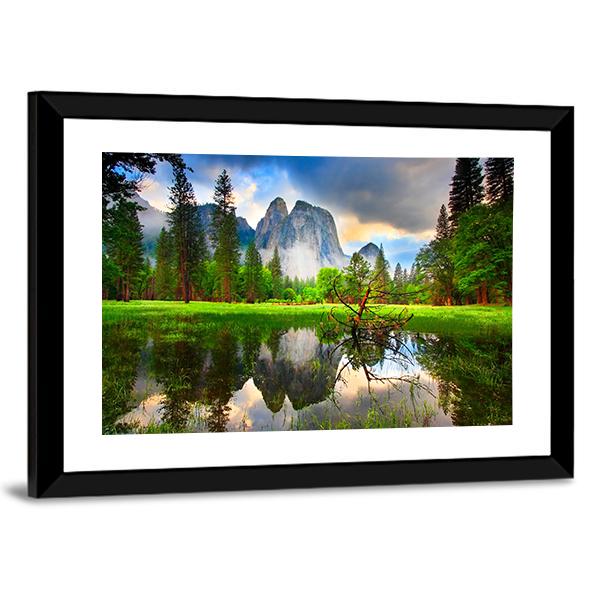 Sunset Reflections At Yosemite's Cathedral Rocks Canvas Wall Art-3 Horizontal-Gallery Wrap-25" x 16"-Tiaracle