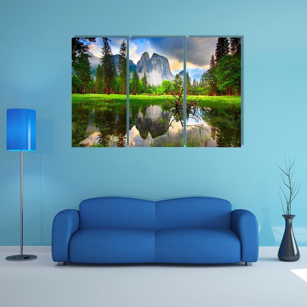 Sunset Reflections At Yosemite's Cathedral Rocks Canvas Wall Art-4 Pop-Gallery Wrap-50" x 32"-Tiaracle