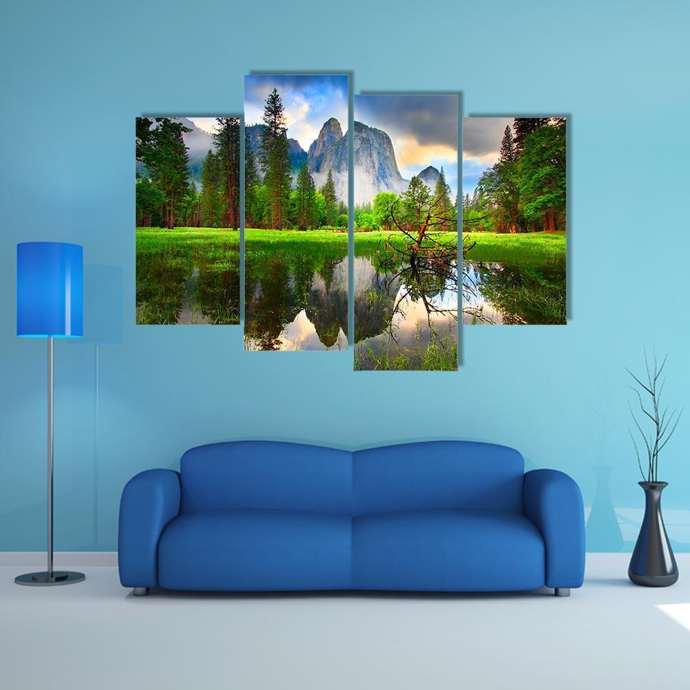 Sunset Reflections At Yosemite's Cathedral Rocks Canvas Wall Art-4 Pop-Gallery Wrap-50" x 32"-Tiaracle