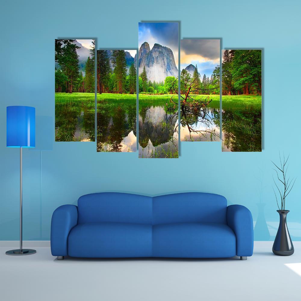 Sunset Reflections At Yosemite's Cathedral Rocks Canvas Wall Art-5 Pop-Gallery Wrap-47" x 32"-Tiaracle