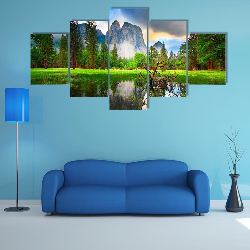 Sunset Reflections At Yosemite's Cathedral Rocks Canvas Wall Art-5 Star-Gallery Wrap-62" x 32"-Tiaracle