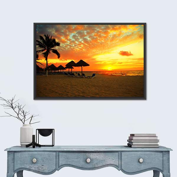 Sunset Scene At Tropical Beach Resort Silhouette Canvas Wall Art-1 Piece-Floating Frame-24&quot; x 16&quot;-Tiaracle