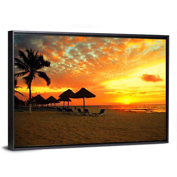 Sunset Scene At Tropical Beach Resort Silhouette Canvas Wall Art-3 Horizontal-Gallery Wrap-25" x 16"-Tiaracle