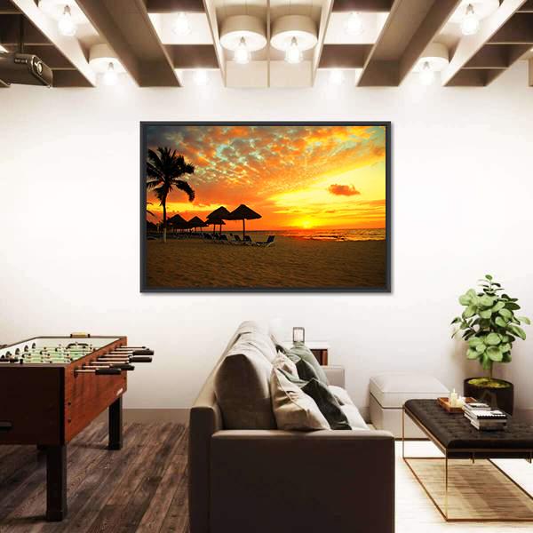 Sunset Scene At Tropical Beach Resort Silhouette Canvas Wall Art-3 Horizontal-Gallery Wrap-25" x 16"-Tiaracle
