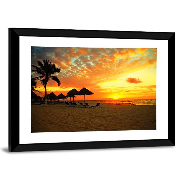 Sunset Scene At Tropical Beach Resort Silhouette Canvas Wall Art-3 Horizontal-Gallery Wrap-25" x 16"-Tiaracle